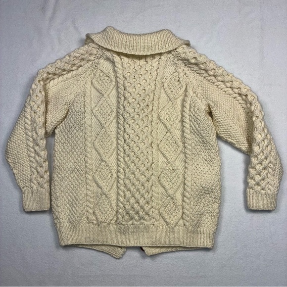 Vintage Hand-Knit Wool Cardigan Ivory XS Boyfriend Fisherman Aran Buttons - Picture 5 of 5